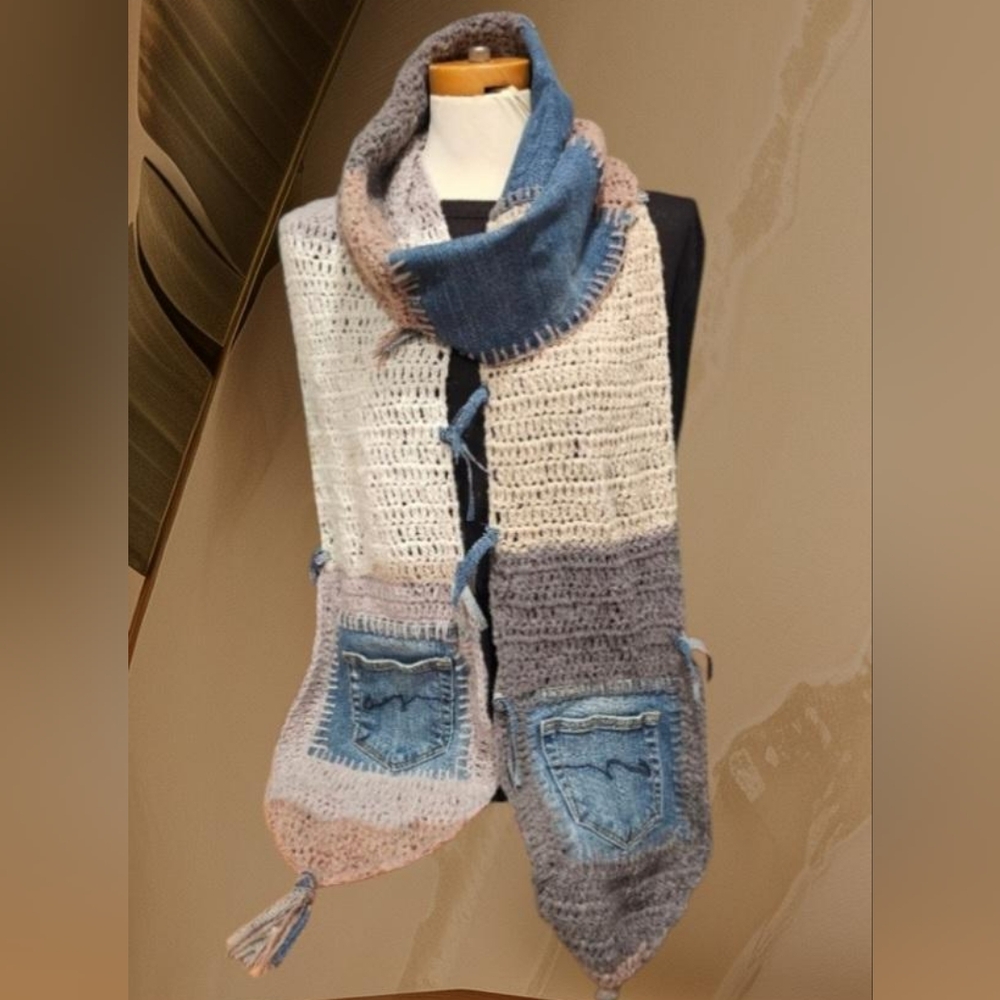 Crochet Knit Hooded Scarf with Denim Pockets